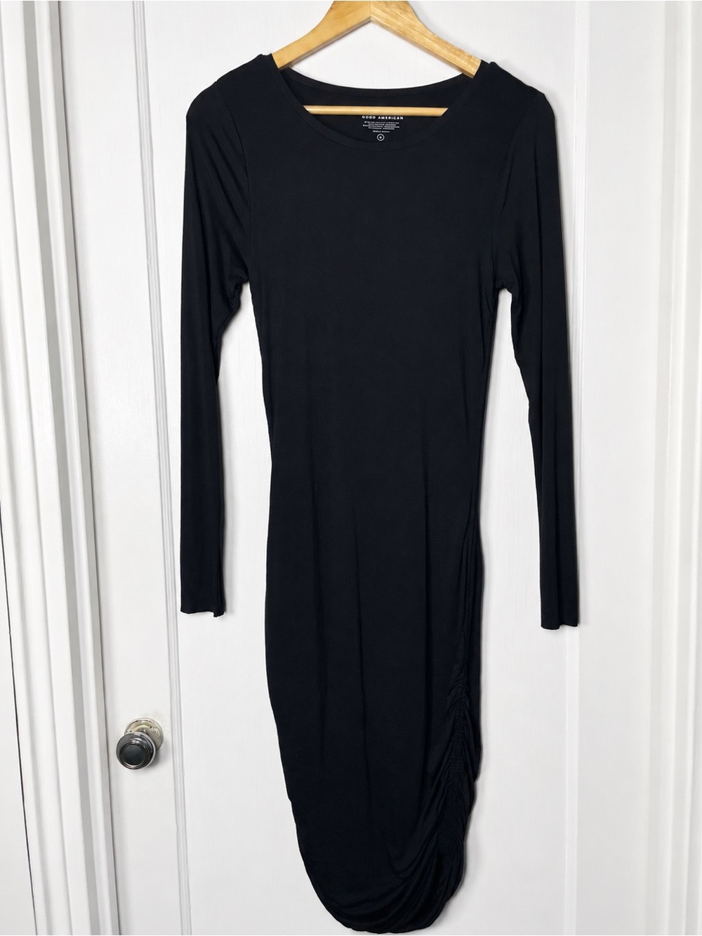 Good American Black Ruched Midi Dress Size 2 Long Sleeve Bodycon Stretch